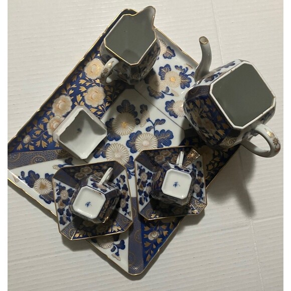 Antique 7 Piece Fukagawa Koransha Cobalt Blue and Gold Gilt Tea Set W Platter - Picture 12 of 15